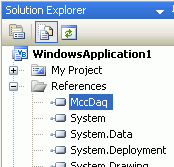 Solution Explorer dialog showing MccDaq reference added