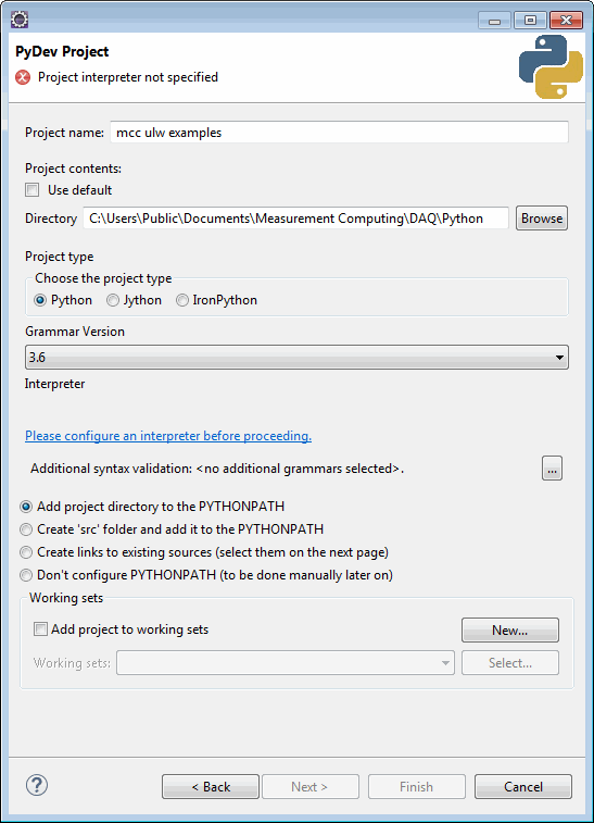 PyDev Project dialog box