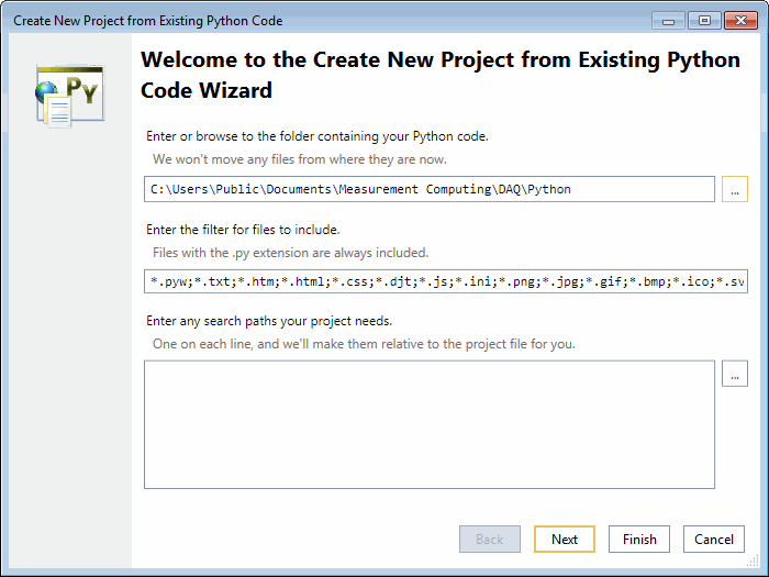 Create New Project from Existing Python Code Wizard dialog box